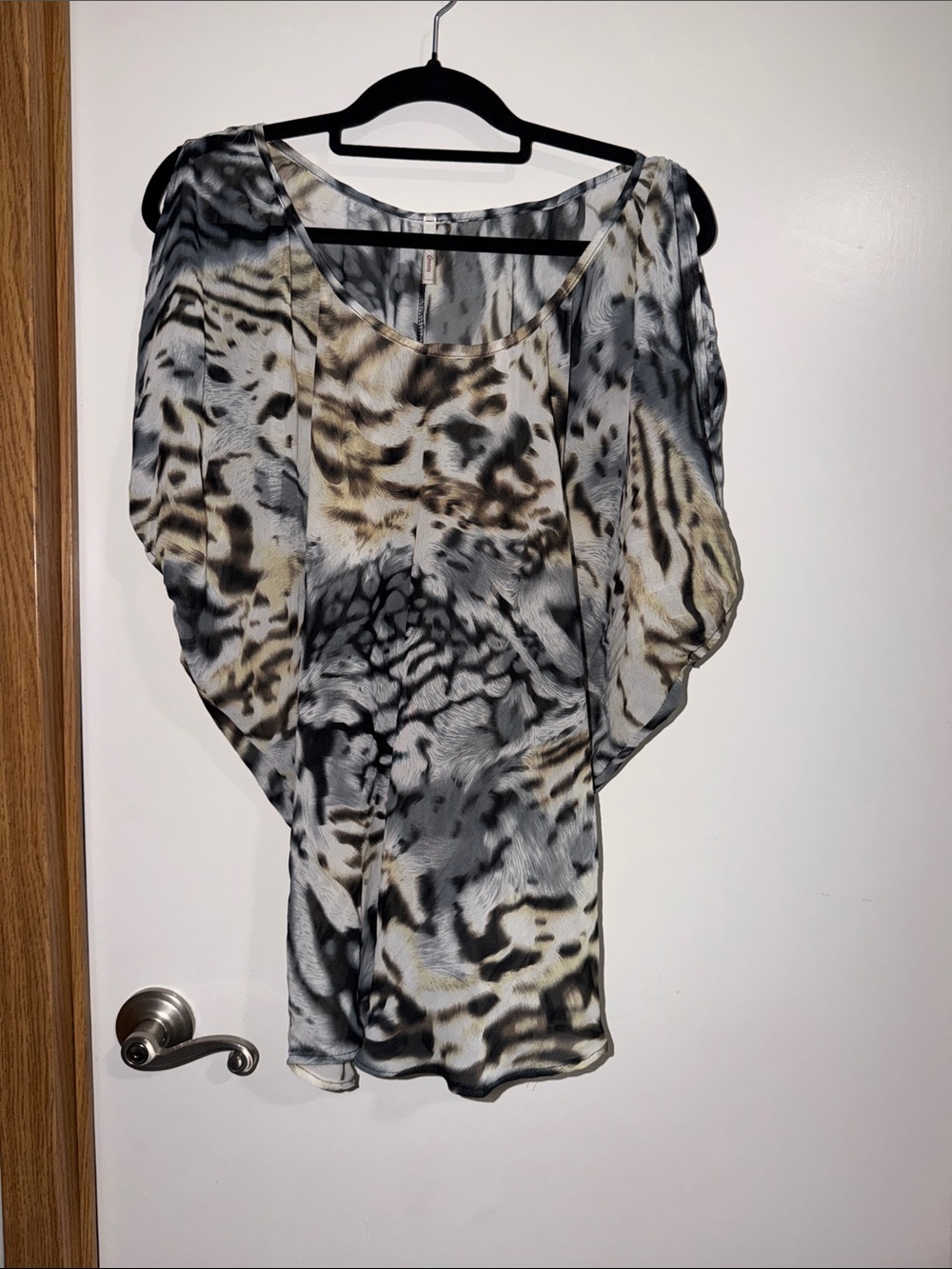 Women's Animal Print Dolman Blouse - Gray, Cream & Brown